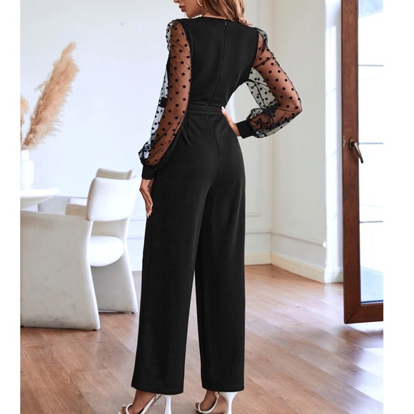 Classic Polka Dot Semi Sheer Long Sleeve Belted Straight Leg Jumpsuit - Picture 5 of 8